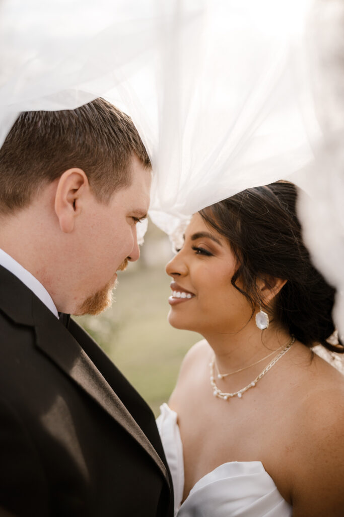 bride and groom share a kiss under the veil during golden hour.
