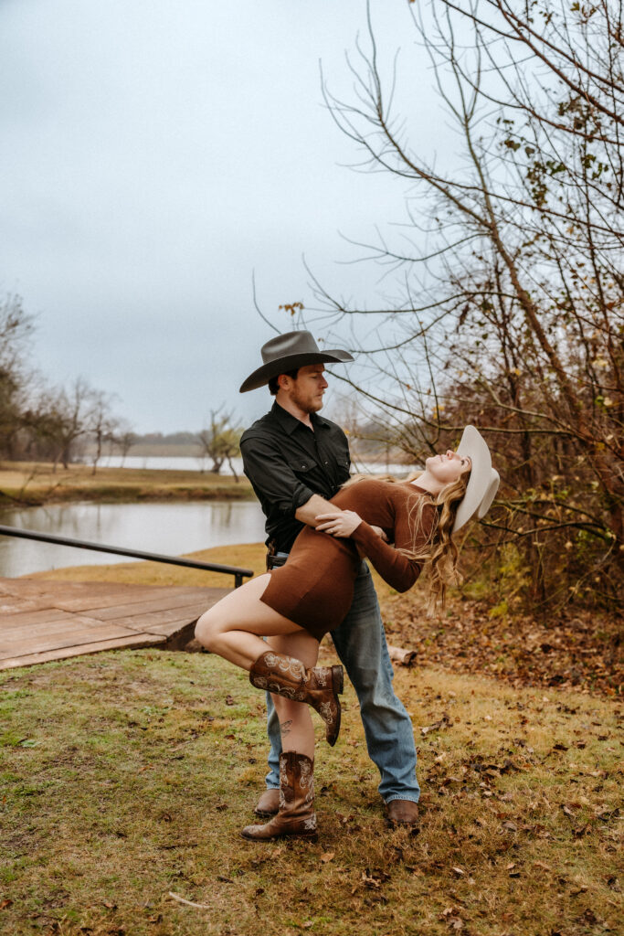 couple dances during their engagement session with Shelly Voss photography at Avalon legacy ranch in mckinney,texas.
